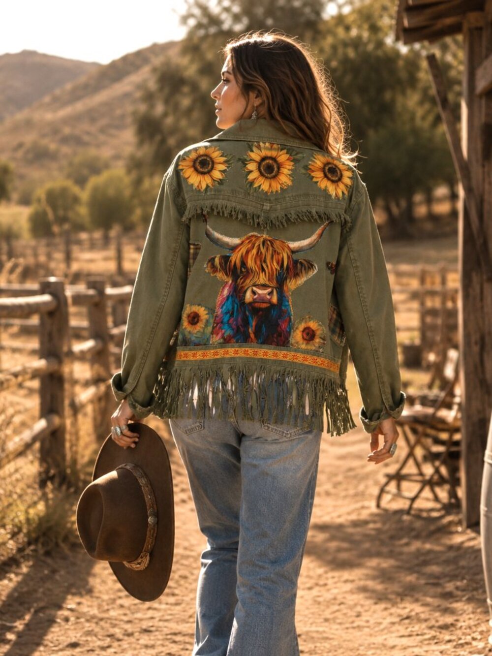 ENSY Upcycled Western Fringe Jacket XL Highland Cow Sunflower Boho Shacket